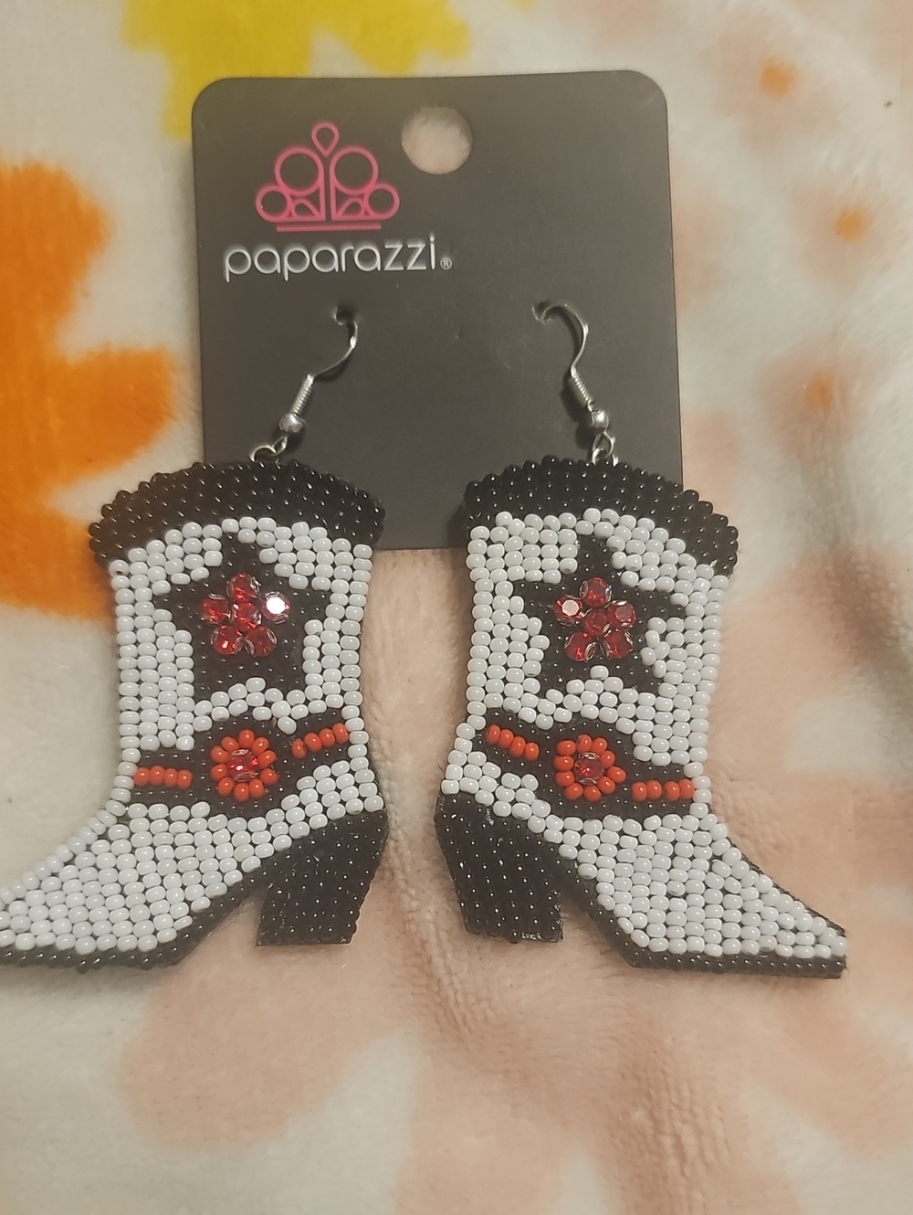 paparazzi White, Black & Red Beaded Cowboy Boot Earrings